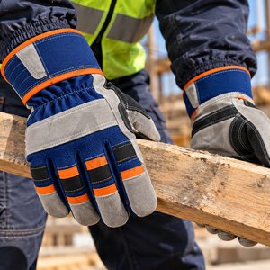 Grey Cow Split Leather Rigger Gloves Reinforced Palm Patch Blue Fabric Back Orange Piping Rubberized Cuff <b>Builder</b> Work Gloves - Product Image 5