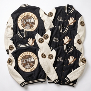 Blouson Bomber Varsity Personnalisé avec Manches en Cuir, Broderie Voiles de Moulin à Vent en Laine, Patch Brodé Timber Spindle, Couleur Ardoise - Product Image 6