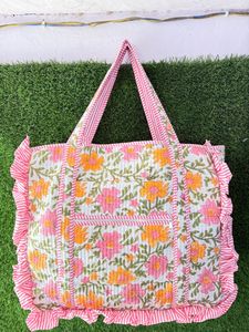 Premium Handmade Quilted Cotton Frill Tote Bag Floral Print Spacious Shoulder Carry Market Grocery Travel Bag - Product Image 2