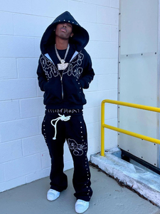 Double Waist Sports Pants – Steel Rim Detail Black Joggers | Printed Diamond Design Unisex Streetwear Fashion - Product Image 4