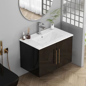 Meuble-lavabo mural noir brillant de 30 pouces avec doubles portes à fermeture douce, crochets et longues poignées métalliques dorées pour une installation facile - Product Image 3