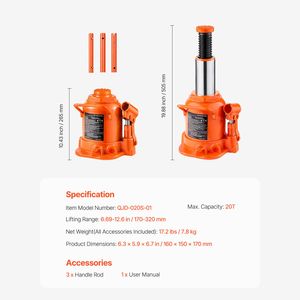 Martinetto idraulico a bottiglia saldato da 20 tonnellate/44092 libbre con manico lungo a 3 sezioni, intervallo di sollevamento 6.69-12.6 per auto - Product Image 3