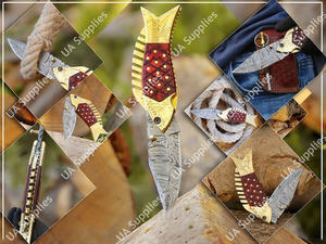 Cuchillo de bolsillo plegable de acero de Damasco forjado a mano para pesca y EDC, con mango de madera y latón, punta de caída, diseño de pez único grabado a mano, DIY - Product Image 4