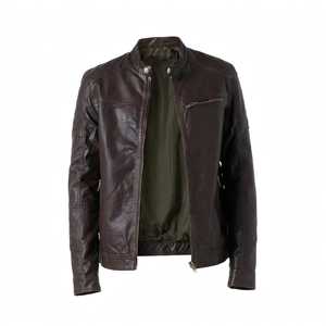 Chaqueta de Cuero Marrón para Hombre, Cuello Alto, Cierre de Cremallera, Estilo Motero, para Otoño - Product Image 2