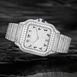 Montre en quartz rectangulaire de luxe sertie de diamants en moissanite, bracelet en acier inoxydable, cadran à chiffres romains, affichage de la date - Product Image 5