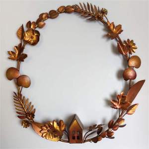 Copper Metal Floral Wreath <b>Wall</b> Hanging <b>Decor</b> Brass <b>Leaf</b> Garland Little House Motif Home Entryway <b>Wall</b> Art - Product Image 1
