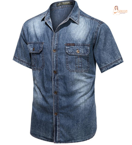 Camisa de Mezclilla para Hombre, Manga Corta, Color Sólido, Transpirable, Corte Regular, Cuello Clásico, Informal, Verano, Algodón Lavado - Product Image 1
