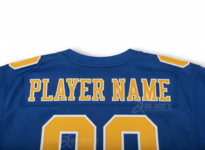 Maillot de football américain personnalisé pour équipe, bleu et jaune, sublimé, col en V, manches courtes, maille respirante, vêtements pour hommes adultes - Product Image 4