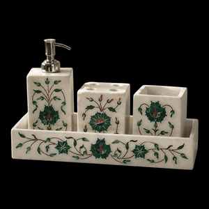 Ensemble d'accessoires de salle de bain de luxe faits à la main avec incrustations en marbre, comprenant un distributeur de savon, un porte-brosse à dents et un plateau - Product Image 4