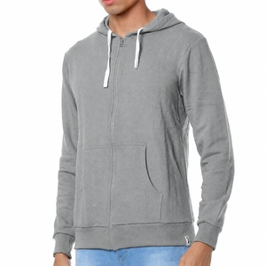 Sweat-shirt unisexe gris à capuche et fermeture éclair, coupe classique, couleur unie, en molleton tricoté, manches longues, pour l'hiver, 100% coton, avec poche - Product Image 3