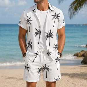 Men's Casual Summer Shirt 320Grams Breathable Anti-Pilling Satin Fabric Short Sleeve Floral Printed Design satin 100% polyester - Product Image 1