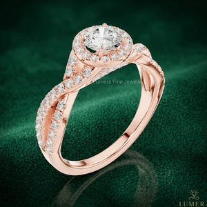 แหวนหมั้นเพชรทรงกลมแบบ Halo ได้รับการรับรองจาก IGI พร้อมวงแหวนแบบ Twisted Pavé ทองคำ 9K 10K 14K 18K สีโรสโกลด์ สำหรับผู้หญิง - Product Image 3