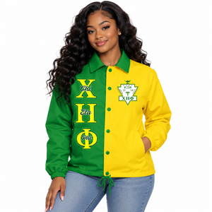 Chaqueta de la hermandad griega Chi Eta Phi con bordado de bloques de color y cuello vuelto, estilo chaqueta cruzada para hermandad universitaria - Product Image 1