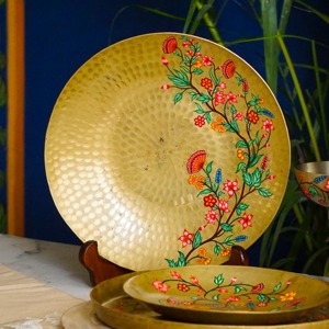 Hand Painted Round Metal <b>Decorative</b> <b>Plate</b> Hammered Gold Floral Pattern Oriental Wedding Dish <b>Decorative</b> Circle Round Platter - Product Image 5