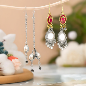 Designer German <b>Silver</b> <b>Drop</b> <b>Earrings</b>-Vintage Trendy Religious Number Zircon Pearl Gold Plated Brass Alloy - Product Image 3