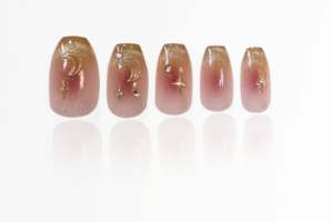 Uñas Postizas Personalizadas con Brillo Nude, Uñas Artificiales al por Mayor, Diseño Degradado Champán con Estrellas, Forma Almendrada, OEM ODM Helios - Product Image 4