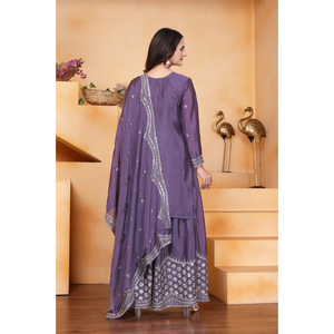 Exclusive chinon silk embroidered salwar suit set with <b>sequins</b> work <b>top</b> palazzo dupatta stitched ethnic festive wear - Product Image 3