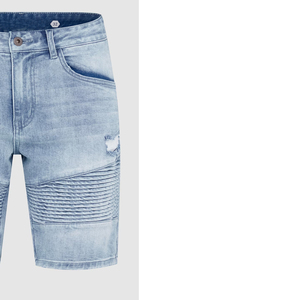 Shorts de mezclilla azul claro para hombre, estilo moderno con lavado ácido, paneles acanalados, diseño desgastado con parches, cinco bolsillos, ropa casual - Product Image 6