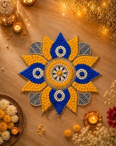 Tapis Rangoli Floral Bleu et Jaune Fait Main pour la Décoration de Diwali, Inspiré de l'Œil Protecteur, Décoration de Sol pour Festival, Art Rangoli Lotus - Product Image 3