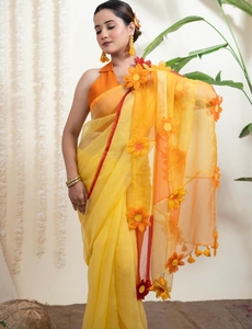 KV Women's Surajmukhi Yellow Organza Silk <b>Saree</b> Without Blouse - Product Image 5