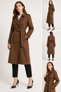 Manteau Trench Élégant Marron Premium pour Femme, Double Boutonnage, Ceinturé, Manches Longues, Coupe-Vent en Polyester Tissé, Idéal pour l'Automne - Product Image 3