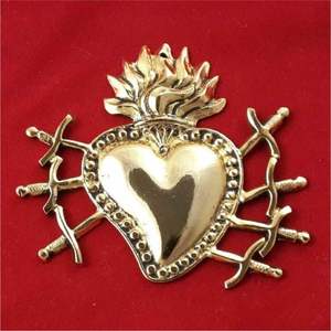 Gold Brass Sacred Heart Wall Sculpture <b>Large</b> Winged Heart Milagro Plaque Religious Mexican Folk Art Decor - Product Image 3