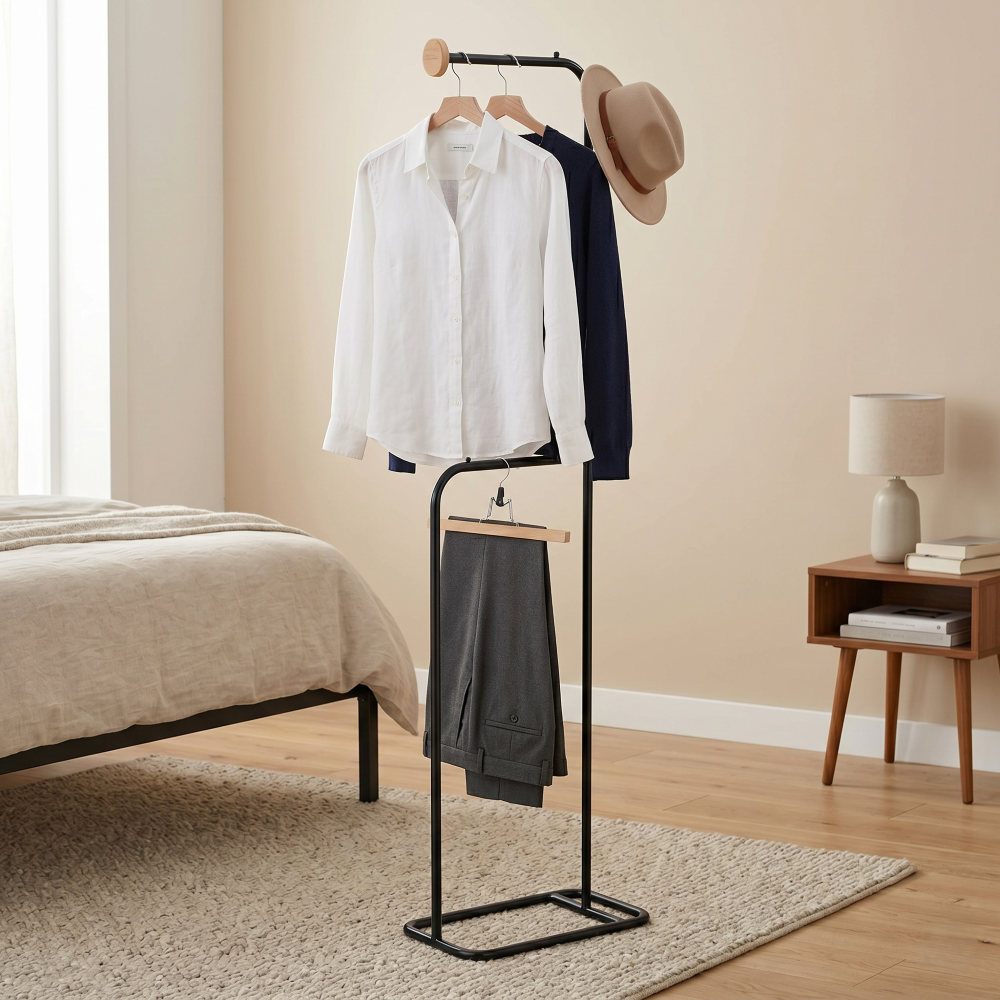 Wooden Valet Stand With Shelves - Clothing Rack Organizer For Bedroom & Entryway