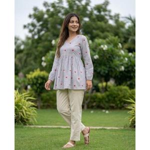 TOP AND PENT <b>SET</b> COTTON WITH HEART WMBROIDDERY WORK WITH FULL SLEEVE FULLY STITCHED V NECK <b>LINEN</b> COTTON - Product Image 1