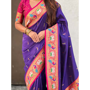 ผ้าไหมสีม่วงอ่อน ลายหงส์ ราจฮันส์ ปายธานี ผ้าส่าหรี เสื้อผ้าอินเดียและปากีสถาน - Product Image 2