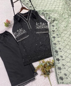RICH LOOK ROMAN SEQUENCE EMBROIDERY WORK <b>TOP</b> PALAZZO WITH DUPATTA GREEN PAKISTANI SALWAR KAMEEZ SET 85268 LG-2104 - Product Image 4
