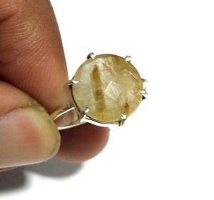 Bague en argent sterling 925 avec pierre précieuse en quartz rutilé doré naturel, motif floral bohème, bague statement - Product Image 2