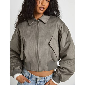 Custom Logo Wholesale Women Bomber <b>Jacket</b> Regular Fit Autumn <b>Crop</b> Top Baseball Uniform OEM Windbreaker Charcoal Zipper To - Product Image 4