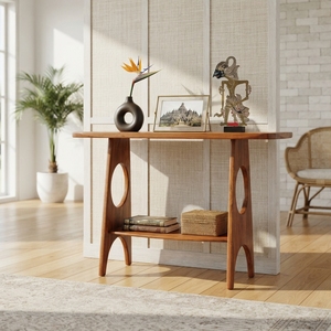 Solid Wood <b>Console</b> <b>Table</b> Mid Century Modern Circular Cutout Lower Shelf Teak Style Wooden Entryway <b>Table</b> Hallway Sofa Side Desk - Product Image 4
