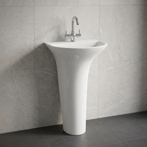 Lavabo sur pied en céramique, équipement sanitaire de salle de bain, lavabo monobloc avec mitigeur - Product Image 4