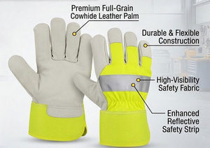 Gants de sécurité en cuir grainé de vachette haute visibilité avec bande réfléchissante, manchette caoutchoutée, pour travail industriel, certifiés CE, anti-coupure et résistants à la chaleur - Product Image 6