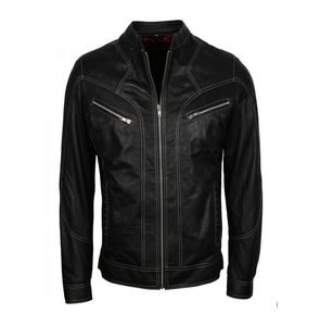 Veste de moto pour homme en PU noir uni, col roulé, fermeture éclair, coupe ajustée, style hiver - Product Image 2