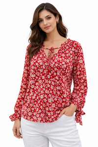 Blusa de Manga Larga con Cuello en V y Estampado Floral para Mujer, Diseño Nuevo, con Puños Elásticos y Lazo Delantero, Estilo Boho Casual de Verano - Product Image 2