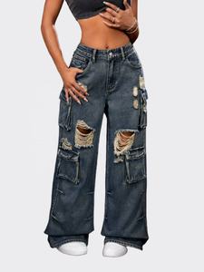 Jean cargo en denim déchiré taille haute pour femme, coupe ample, longueur intégrale, style streetwear, idéal pour l'automne, 100 % coton - Product Image 1