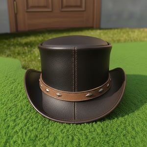 Chapeau haut de forme unisexe en cuir noir fait main de qualité supérieure avec bande marron, style western, steampunk, gothique, pour festivals - Product Image 3
