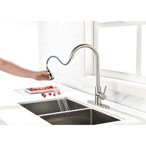 Rubinetto da Cucina Estraibile Monocomando ad Arco Alto in Nichel Spazzolato, Miscelatore Lavello in Acciaio Inossidabile di Alta Qualità - Product Image 6