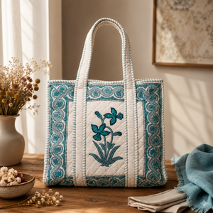 Bolso de mano de lujo de algodón estampado a mano de Jaipur, grande, acolchado, con estampado floral azul, para mujer, ideal para viajes y compras. - Product Image 1
