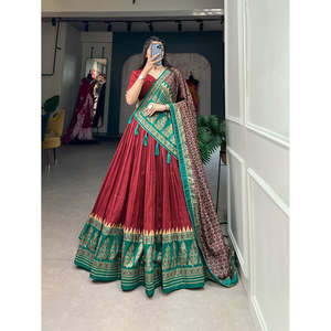 Attractive <b>red</b> Tussar <b>Silk</b> & Printed Lehenga Choli With Dupatta - Product Image 5