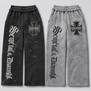 Custom Logo Heavyweight Cotton French Terry Distressed <b>Zip</b> Hoodie Wide Leg Sweatpants Oversized Unisex Streetwear Tracksuit Sets - Product Image 2