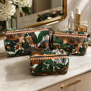 Premium 3 Piece Quilted Tiger Print <b>Makeup</b> Pouch Set Cotton Cosmetic Bags for Women Travel Toiletry Organizer Zipper <b>Case</b> Gift S - Product Image 2