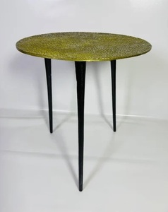 Midcentury Modern <b>Round</b> <b>Coffee</b> <b>Table</b> With Hammered Olive Gold Metal Top And <b>Black</b> Legs Living Room Furniture - Product Image 2