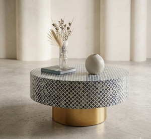 Round Bone Inlay Coffee <b>Table</b> <b>Resin</b> <b>Top</b> Wood Base Side <b>Table</b> Living Room Modern Home Furniture - Product Image 3