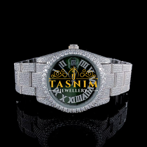 Reloj de Hombre con Diamante Moissanite VVS de 41 mm, Cristal Verde, Chapado en Oro Blanco, Acero Inoxidable, Totalmente Engastado, Cuarzo, Deportivo, de Negocios, a la Moda - Product Image 1