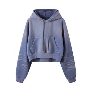 Sudadera con capucha extragrande informal personalizada para mujer, gris liso, de algodón con lavado ácido, corte crop, con cremallera completa, manga larga y cordón, para otoño e invierno - Product Image 4
