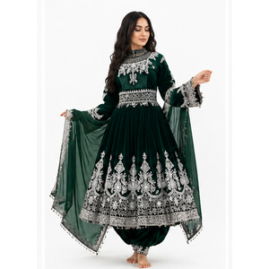 Traditional Indian Pakistani Women's Green Velvet Floor Length <b>Wedding</b> Ethnic Wear <b>Silver</b> Embroidery Afghan Kuchi <b>Dress</b> - Product Image 2