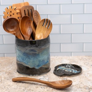 Handcrafted Stoneware <b>Utensil</b> <b>Holder</b> Ocean Glaze Finish Heavy Gauge Heat Safe Wide Mouth <b>Kitchen</b> Countertop Storage Organizer - Product Image 5